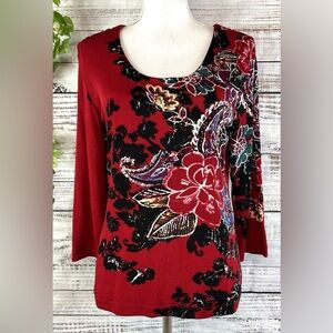 🌹Chico's Travelers Red & Black Floral Slinky, Scoop Neck, 3/4 Sleeves Top. Sz M
